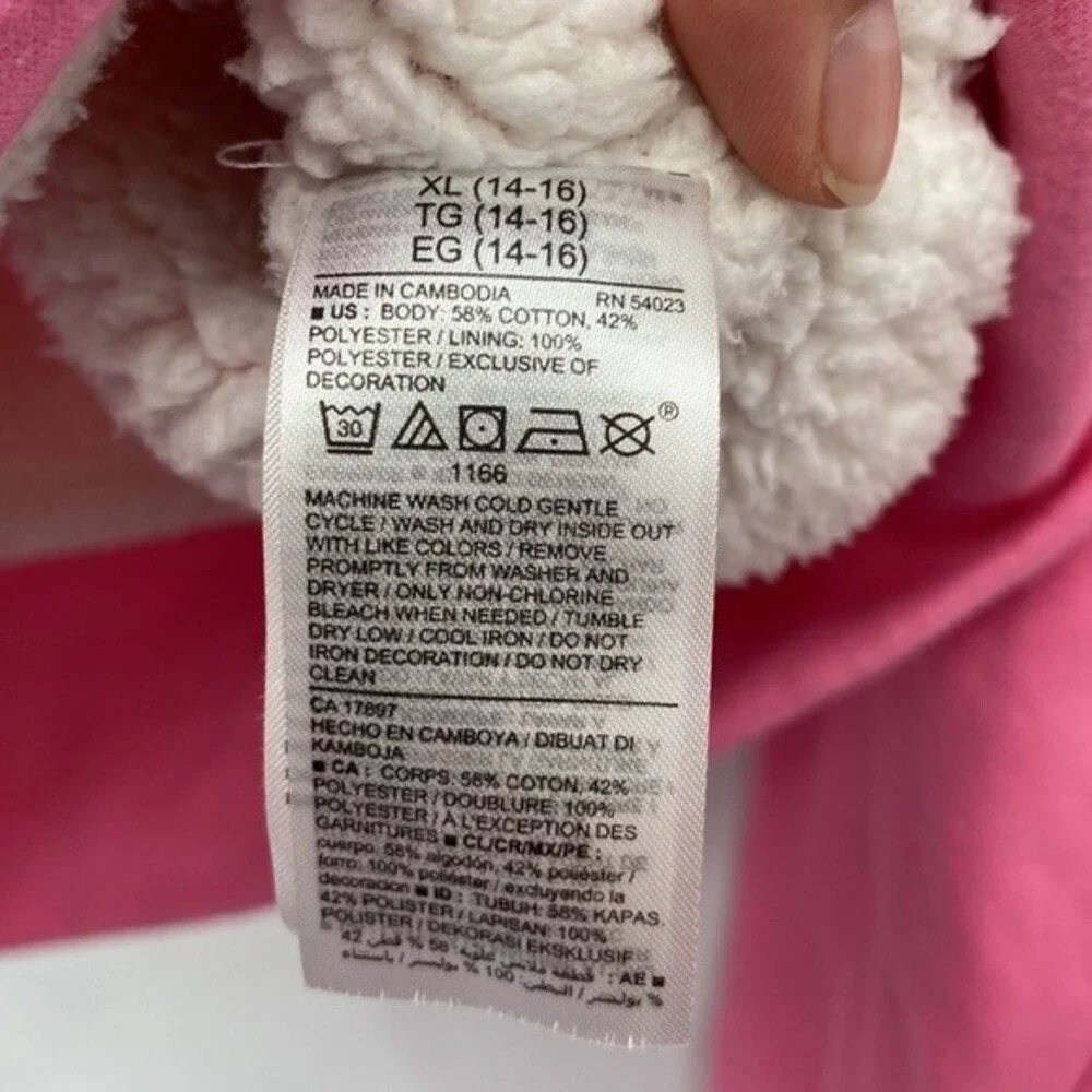 Old Navy Yin Yang Girls Pink Sherpa Lined Sweatshirt Hoodie XL 14-16 Thumb Holes